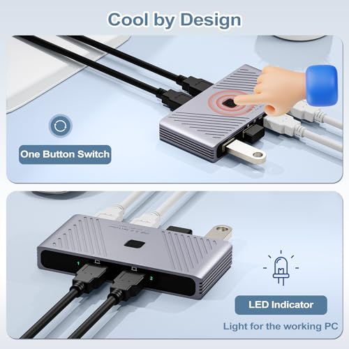 USB 3.0 Switch, 2 Computers Sharing 4 USB Devices, One-Button Switcher | For Keyboard Mouse Printer Scanner, USB Peripheral Sharing Hub for PC Laptop with 2 USB 3.0 Cables, Aluminum Alloy Case - style: For 2 PCs