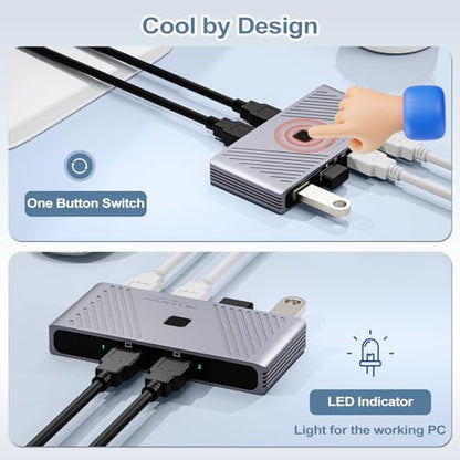 USB 3.0 Switch, 2 Computers Sharing 4 USB Devices, One-Button Switcher | For Keyboard Mouse Printer Scanner, USB Peripheral Sharing Hub for PC Laptop with 2 USB 3.0 Cables, Aluminum Alloy Case - style: For 2 PCs