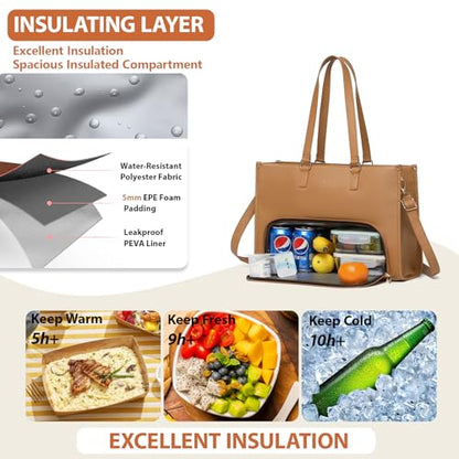 Keyli 3pcs Laptop Bag for Women 15.6 inch and Lunch Tote Bag for Women with Insulated Lunch Compartment Computer Briefcase - color: 1.0-brown