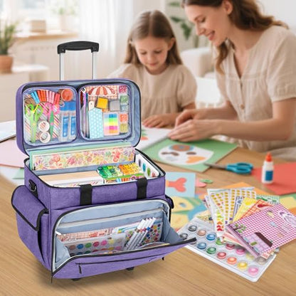 Teamoy Rolling Scrapbook Tote, Craft Bag with Detachable Wheels, Purple | Scrapbook Storage Bag with Bottom Wooden Pad, 2 detachable zipper pouches, Shoulder Straps for Paper, Ablum - color: Purple