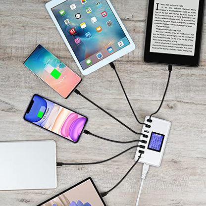 60W 12A 8-Port USB Charging Station - Multi Port USB Hub Charger with LCD Display - Compatible with iPhone, iPad, Samsung, Kindle, Tablet, Bluetooth Earbuds and More - color: white
