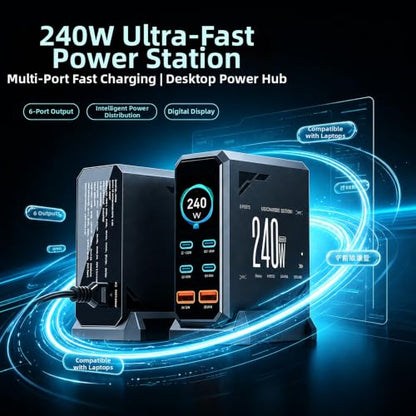 240W GaN 6-Port USB-C Charging Station, PD3.1 Desktop Display | 240W 6-Port GaN charger with PD 3.1 140W, real-time power display, and UL certification for safe multi-device charging