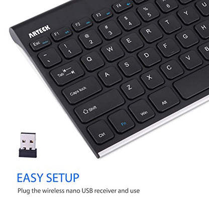 Arteck 2.4G Wireless Keyboard Stainless Steel Ultra Slim Keyboard for Computer/Desktop/PC/Laptop/Surface/Smart TV and Windows 11/10 / 8/7 / Vista/XP Built in Rechargeable Battery