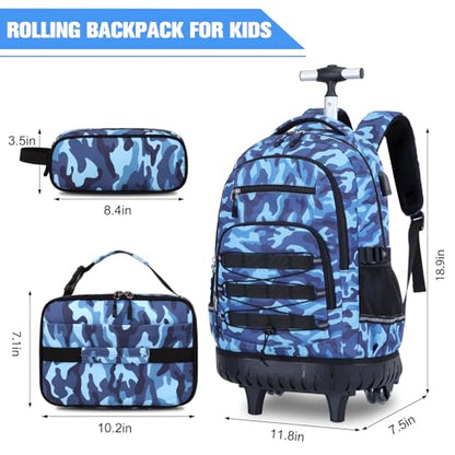ACESAK Camo Rolling Backpack Boys, Tactical Kids Backpack Boys, Kids Suitcase for Boy Teens Elementary Middle High School, Military Backpack with Wheels and Lunch Bag Pencil Case Set (Camo Blue) - color: Camo Blue