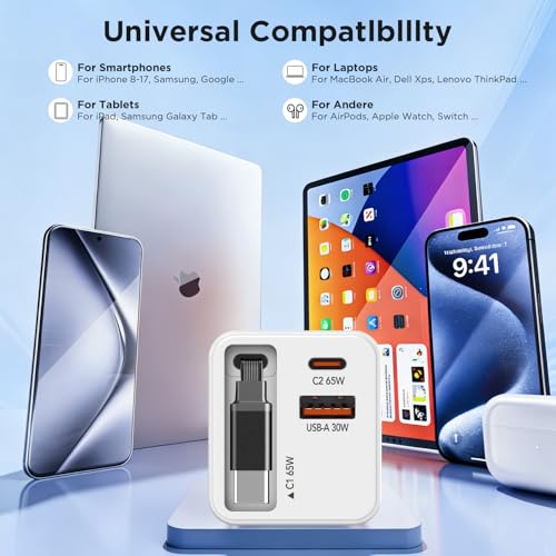 65W GaN USB C Charger with Retractable Charging Cable, 3 in 1 Power Adapter | travel charger for MacBook, iPhone 17 16 15, Samsung Galaxy S24, iPad, multi port compact wall charging block, White - color: White