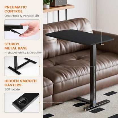Overbed Bedside Table with Hidden Casters, Adjustable Pneumatic Mobile Laptop Computer Standing Desk, Rolling Laptop Table, Movable Overbed Table Hospital Home Use, Black - color: Black, style: Non-Tiltable