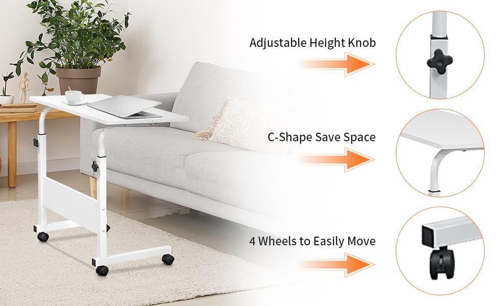 Karl home Mobile Side Table 31.5 inch Computer Desk with Wheels, White | Height Adjustable Rolling Potable Laptop Cart, C-Shaped Bed Couch Sofa End Tables with Edge Stopper for Livingroom Bedroom - color: White, size: 31.5"+No Power Sockets