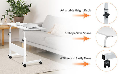Karl home Mobile Side Table 31.5 inch Computer Desk with Wheels, White | Height Adjustable Rolling Potable Laptop Cart, C-Shaped Bed Couch Sofa End Tables with Edge Stopper for Livingroom Bedroom - color: White, size: 31.5"+No Power Sockets