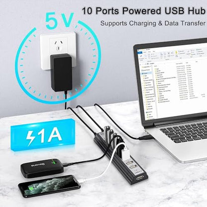 Powered USB Hub 2.0, VIENON 10-Port USB Hub USB Extender Splitterwith Individual LED Indicator Light for MacBook, PC, Laptop, Desktop - style: Powered 10-Port