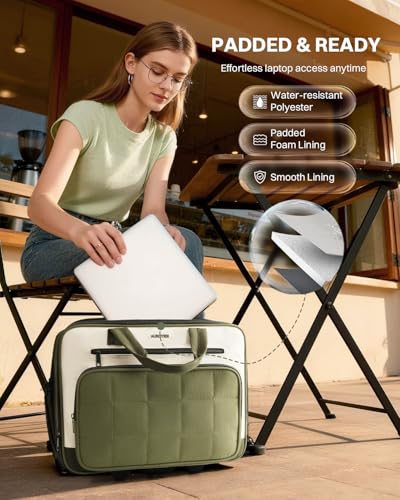 AUROTIER Rolling Puffer Laptop Bag, Rolling Briefcase for Women, Wheeled 16 Inch Computer Bag, Water Resistant Stylish Overnight Underseat Carry On Luggage with Wheels for Work Travel Business, Green - color: Green