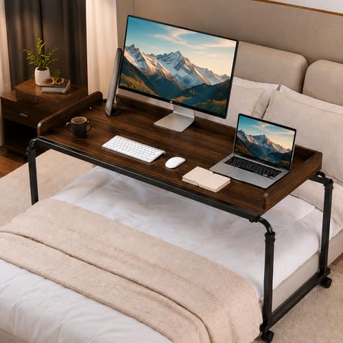 Over Bed Table with Wheels, Width & Height Adjustable, Rolling Over the Bed Desk with Cup Holder & Raised Baffle, Mobile Laptop Desk for King Queen Size Beds, Home Office, Bedroom Hospital Workstation