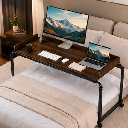 Over Bed Table with Wheels, Width & Height Adjustable, Rolling Over the Bed Desk with Cup Holder & Raised Baffle, Mobile Laptop Desk for King Queen Size Beds, Home Office, Bedroom Hospital Workstation