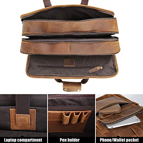 Polare Modern Messenger Bag with Retro Feel 17" Men’s Laptop Briefcase with Full Grain Leather and Premium YKK Zippers - color: Light Brown(fit 15.6" Laptop)