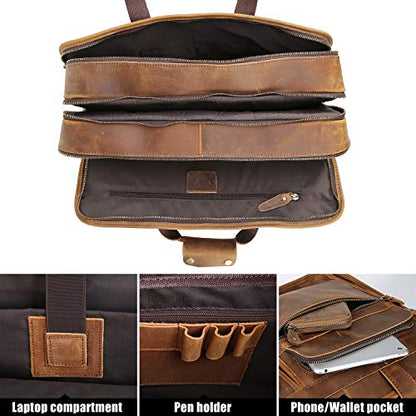 Polare Modern Messenger Bag with Retro Feel 17" Men’s Laptop Briefcase with Full Grain Leather and Premium YKK Zippers - color: Light Brown(fit 15.6" Laptop)
