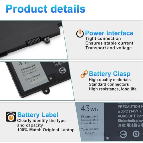 43Wh GK5KY Laptop Battery Replacement for Dell Inspiron 11 3000 3147 3148 3153 3152 3157 3158 15 7000 7558 7568 13 7353 7359 7347 7348 7352 4K8YH 92NCT RHN1C 0WF28 P20T P20T001 P55F P55F001 - size: 10.48*3.35*0.28inch GK5KY