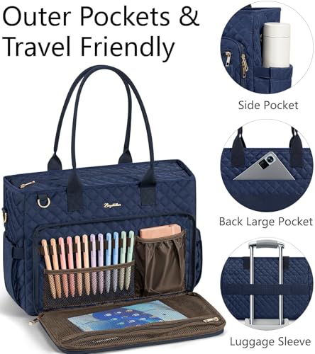 Bagstellar Teacher Tote Bag for Women, 15.6" Laptop Work Tote Computer Bag | Quilted Bible Nurse Bag with 40oz Cup Holder, Insulated Pocket & Strap, Large Laptop Briefcase for School Travel Office Gifts - color: Navy Blue