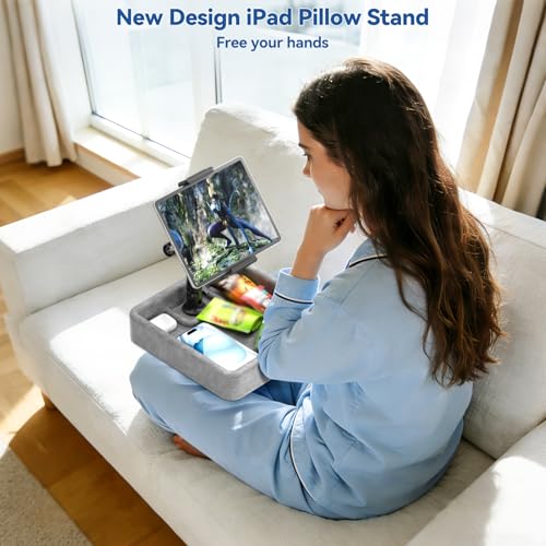KDD Tablet Pillow Stand - Multi-Angle Adjustable iPad Holder for Lap, Bed and Desk - Foldable Kindle Soft Pad Dock with Storage Tray Compatible with iPad Pro 12.9, Air Mini, Phone, E-Reader