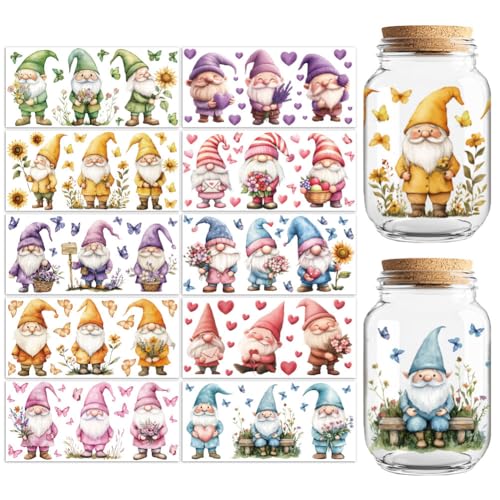 UV DTF Cup Wraps Transfer Stickers Flowers and Gnomes Pattern, 10 Sheets Waterproof Custom Vinyl Transfer Sticker 16oz Coffee Glass Cup Tumbler Bottle Mug Decals for Men Women | Waterproof UV DTF Stickers, Custom Vinyl Decals for 16oz Coffee Cups Tumblers