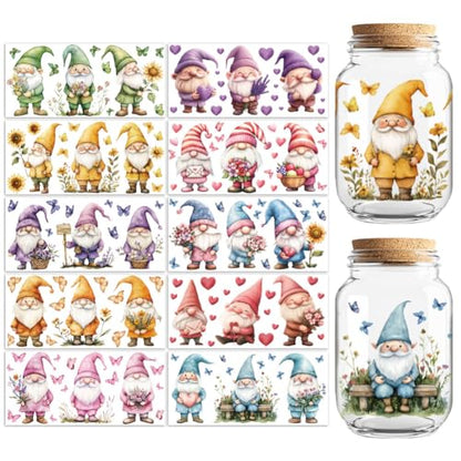 UV DTF Cup Wraps Transfer Stickers Flowers and Gnomes Pattern, 10 Sheets Waterproof Custom Vinyl Transfer Sticker 16oz Coffee Glass Cup Tumbler Bottle Mug Decals for Men Women | Waterproof UV DTF Stickers, Custom Vinyl Decals for 16oz Coffee Cups Tumblers