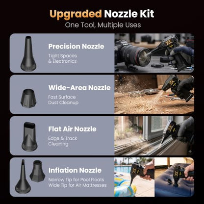 Compressed Air Duster, Electric Air Duster with Upgraded 6 Nozzles, 130000RPM Rechargeable Air Duster, LED Light & Adjustable Speed, Turbo Air Blower for PC, Electronics & Car Cleaning (FE-J35)
