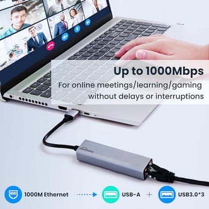 USB 3.0 Hub with Ethernet Adapter - 1GB RJ45, USB A to Ethernet, Compatible with Windows, Mac OS, Linux - color: USB A GRAY