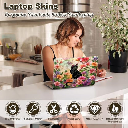 Universal Laptop Skin Sticker Decal 11-15.6 Inches, Black Cat Floral | Reusable Vinyl Sticker for 12.1 13 13.3 14 15.4 Inches Notebook PC, Scratch Resistant Waterproof, Easy to Trim & Apply - color: Black Cat Floral