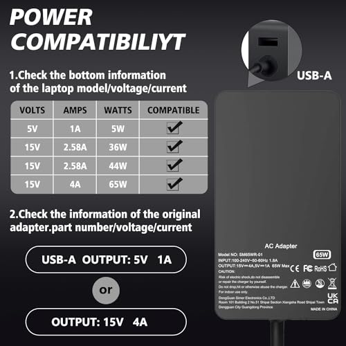 65W Surface Pro Laptop Charger Compatible with Microsoft Surface Pro 11 10, 9, 8, X, 7+, 7, 6, 5, 4, 3, Magnetic Surface Connector, Support 65W, 44W, 36W, with USB Port - color: Black