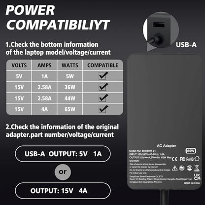 65W Surface Pro Laptop Charger Compatible with Microsoft Surface Pro 11 10, 9, 8, X, 7+, 7, 6, 5, 4, 3, Magnetic Surface Connector, Support 65W, 44W, 36W, with USB Port - color: Black