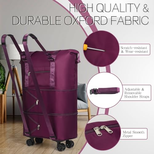 VOOWO Duffel Bag with Wheels - Rolling Foldable Expandable Duffle Bag with Wheel for Travel, Rolling Luggage Bag Carry On Travel Bag with Wheels, Large Wheeled Overnight Weekender Bags (Deep Purple) - color: Deep Purple