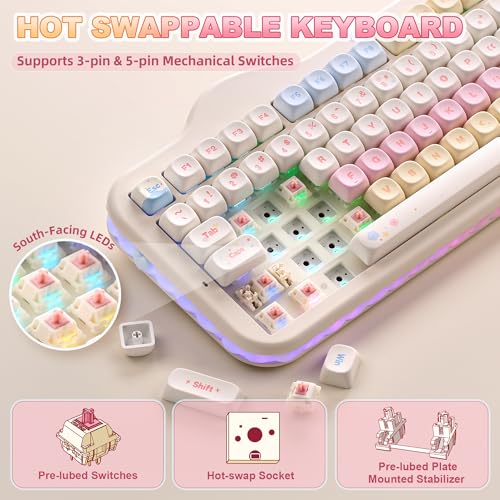YUNZII C98 Wireless Mechanical Keyboard with Number Pad,99 Key BT5.0/2.4G/USB-C Hot Swap Gasket Mount with PBT MOA Keycaps,Custom RGB,Cute Cake Keyboard for Win/Mac (Beige, Candy Linear Switch) - color: Beige, size: Candy Linear Switch