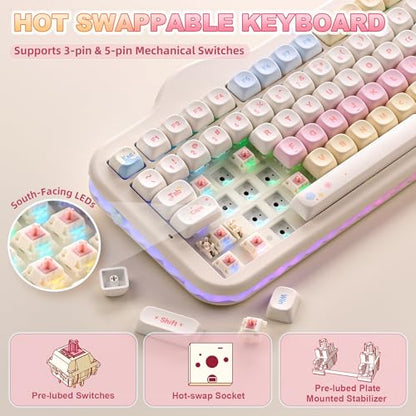 YUNZII C98 Wireless Mechanical Keyboard with Number Pad,99 Key BT5.0/2.4G/USB-C Hot Swap Gasket Mount with PBT MOA Keycaps,Custom RGB,Cute Cake Keyboard for Win/Mac (Beige, Candy Linear Switch) - color: Beige, size: Candy Linear Switch