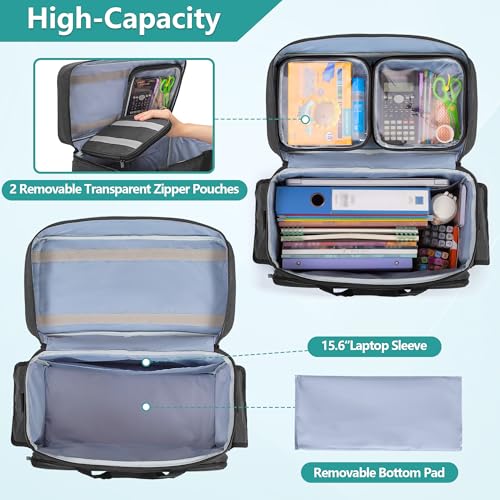Teamoy Rolling Teacher Bag with 15.6" Laptop Compartment, Black | Teacher Tote Bag with Detachable Wheels, Multi-functional Wheeled Teacher Bag for Teaching, Office