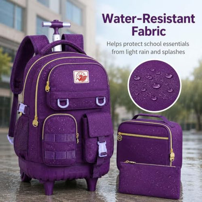 CCJPX 3PCS Rolling Backpack for Girls, Women Roller Bookbag with Lunch Box for Adults, Water Resistant Wheeled School Bag for Teens Kids Travel - Dark Purple - color: Dark Purple