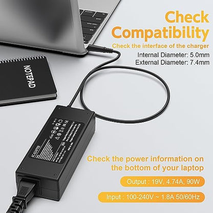 90W Power Cord Compatible with HP All-in-One Desktop PC 18'' 19'' 20" 21" 22" 23" 24" 27", 18-5110, 19-2304, 20-B010, 21-B0024, 22-B016, 24-DD, 24-DF, 24-DP, 24-CB, 22-DD, 22DF Series Power Adapter | 90W 19V 4.74A charger, 7.4x5.0mm tip. Compatible with H