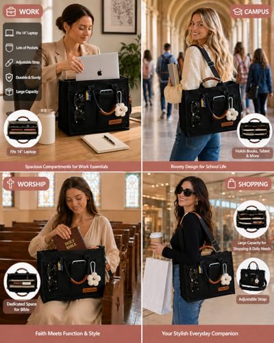 Canvas Tote Bag for Women Lightweight Handbag with Multi Pockets & Adjustable Strap Bible Bag for Daily Use Work - color: Black