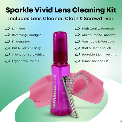 Sparkle Vivid Anti-Reflective Safe Lens Cleaner & Repair Kit – (2) 2oz Glasses Cleaner Spray, (2) Microfiber Cloth & Keychain Screwdriver for Eyeglasses, Sunglasses, Lenses & Screens (5 Piece Set) - style: Purple | 2x2oz Lens Spray + 2 Microfiber Cloths +