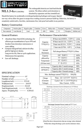 ML1.3-6 - 6 Volt 1.3 AH, F1 Terminal, Rechargeable SLA AGM Battery