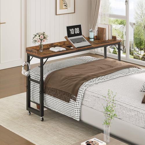 MAHANCRIS Overbed Table with Wheels, Queen Size Mobile Bed Desk with Adjustable Height, Computer Desk with Tilt Stand, Rolling Laptop Table, Recliner Desk for Office, Hospital, Rustic Brown MTHR18101 - color: Rustic Brown