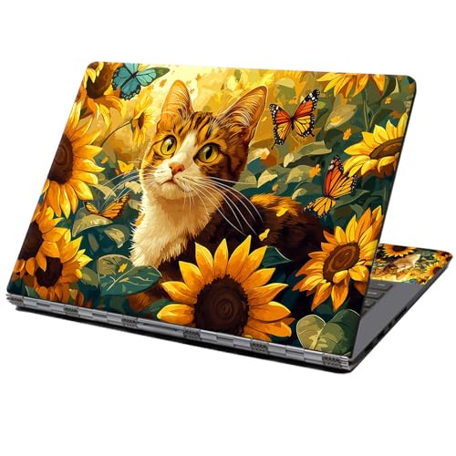 Laptop Skin Sticker Decal 12" 13" 13.3" 14" 15" 15.6",Waterproof Scratch Resistant Vinyl,Reusable Easy to Apply,for MacBook HP Dell Notebooks Netbooks Laptop,2 Wrist Pads,Cute Cat Sunflower - color: Cute Cat Sunflower