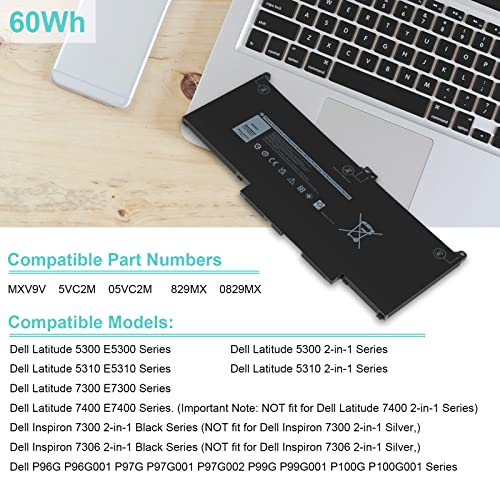 Futurebatt MXV9V Laptop Battery Replacement for Dell Latitude E5300 E5310 E7300 E7400，Latitude 5310 5300 2-in-1 Series 5VC2M 05VC2M 829MX 0829MX P96G P96G001 P97G P97G001 P97G002 P99G P99G001 P100G - size: MXV9V 10.83*5.12*0.73 in
