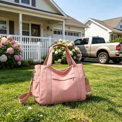 JARKJARD Canvas Crossbody Tote Bag for Women Laptop Work Handbag | Cute Aesthetic Shoulder Messenger Purse with Zipper Pockets and Compartments Great for Daily Travel and Office use - color: Pink