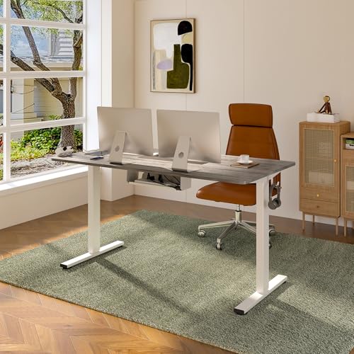 FLEXISPOT EN2 48"x24" Whole-Piece Standing Desk with Power Strip | Whole-Piece Desktop, Easy-Access Clamp Power Strip, Organized Cable Management, Modern Home Office Setup, Gray Wood Grain - color: Gray Wood Grain + White Frame, size: 48x24"