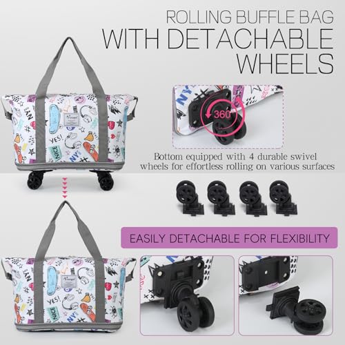 VOOWO Rolling Duffel Bag with Wheels - Foldable Expandable Duffle Bag with Wheels for Travel, Rolling Luggage Bag Carry On Bag with Wheel, Large Rolling Backpack Weekend Bag for Men Women (White) - color: White