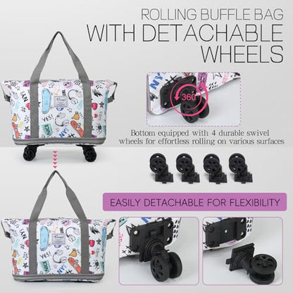 VOOWO Rolling Duffel Bag with Wheels - Foldable Expandable Duffle Bag with Wheels for Travel, Rolling Luggage Bag Carry On Bag with Wheel, Large Rolling Backpack Weekend Bag for Men Women (White) - color: White