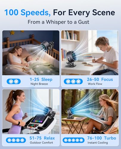 KIMMOO 4000mAh Rechargeable Portable Clip on Fan-100-Speed Touch Control, LED Display, 360° Rotate Quiet Turbo Desk Fan, Small Battery Operated USB Fan for Stroller Bed Travel Camping Golf Gym (Black) - color: Black
