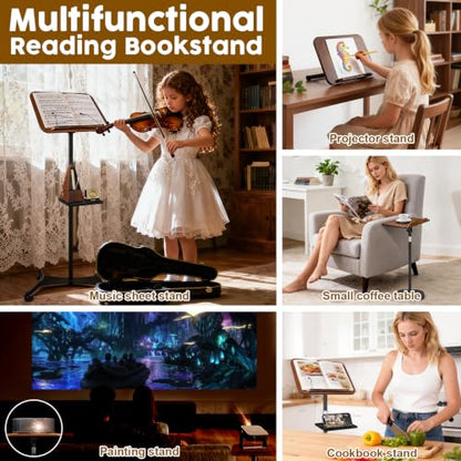 2 in 1 Dual-use Music Stand & Desktop Book Stand, Adjustable Height 16.5"-51", 100% Solid Wood Laptop Floor Stand Book Holder with Elastic Page Clips for Cookbooks (Black Walnut with Tray and Wheels) - color: Black Walnut With Tray and Wheels
