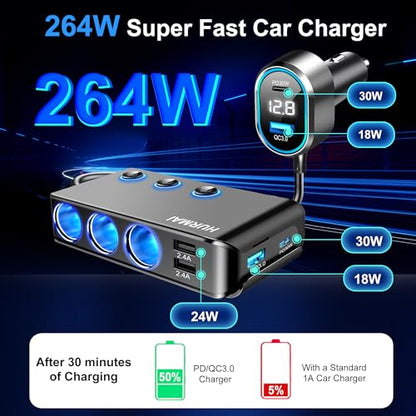 9-in-1 Cigarette Lighter Splitter 264W 3 Socket USB C Car Adapter | 264W PD30W & QC3.0 USB-C fast charge. 3 sockets. 12V/24V. Independent switches, LED voltmeter & waterproof for trucks/cars.