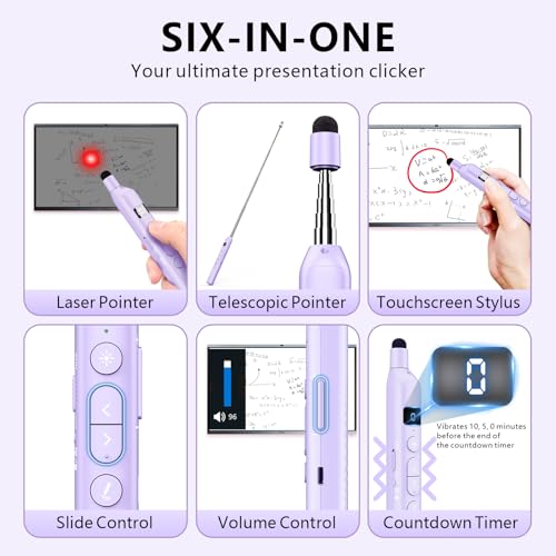 N21 Bluetooth Presentation Clicker for PowerPoint with Retractable Pointer | ①Red laser ②Telescopic touch pen ③Countdown timer, vibration alert ④Customizable Button ⑤Rechargeable;battery level display - color: Purple - Red Pointer