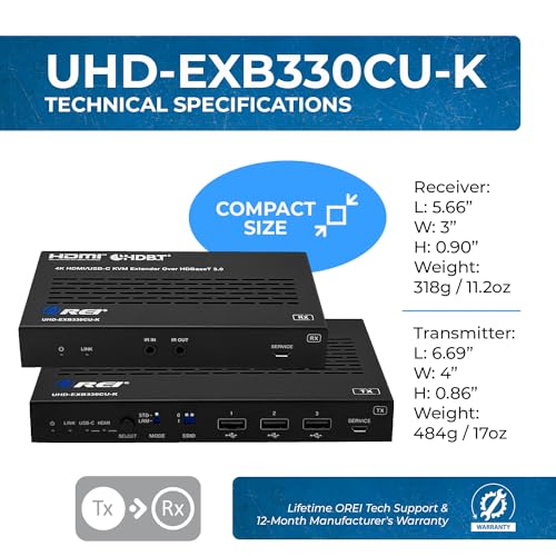 OREI 4K KVM HDMI USB-C Extender Balun HDBaseT 3.0 UltraHD 4K @ 60Hz 4:4:4 Over Single CAT5e/6/7 Cable with HDR, LAN, CEC, & IR Support, RS-232 Up to 330 Ft Audio Out - Power Over Cable - size: 4K HDMI & USB-C w/ KVM