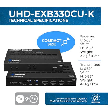 OREI 4K KVM HDMI USB-C Extender Balun HDBaseT 3.0 UltraHD 4K @ 60Hz 4:4:4 Over Single CAT5e/6/7 Cable with HDR, LAN, CEC, & IR Support, RS-232 Up to 330 Ft Audio Out - Power Over Cable - size: 4K HDMI & USB-C w/ KVM